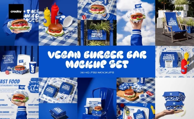 Creatsy-素食汉堡酒吧品牌标识PSD模型捆绑包